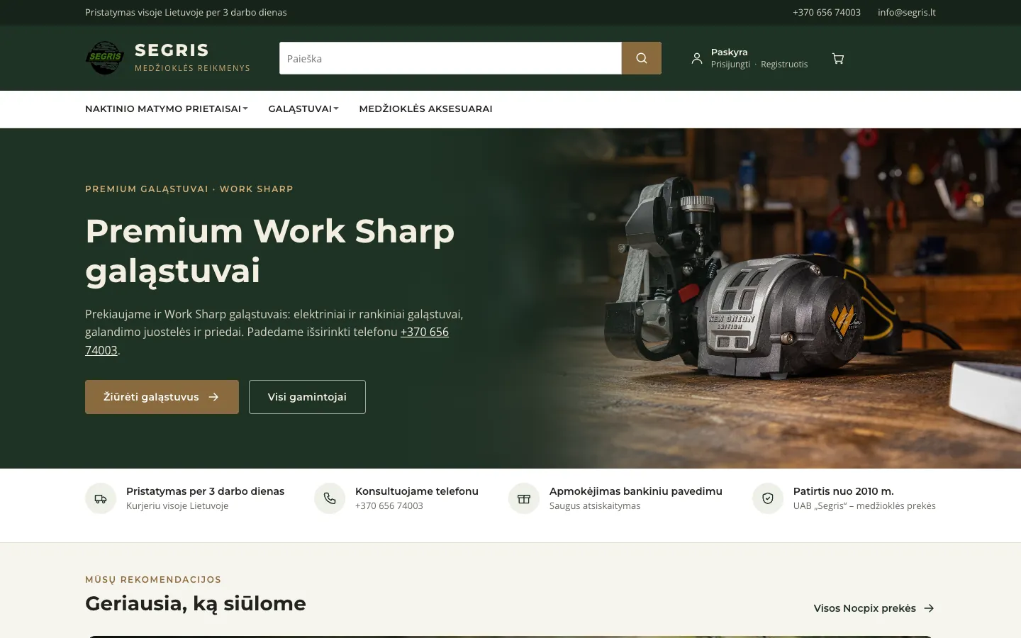 The new e.segris.lt home page on a desktop: a dark green header with the SEGRIS name, a wide search field and a full-width Work Sharp sharpener section with clear buttons.