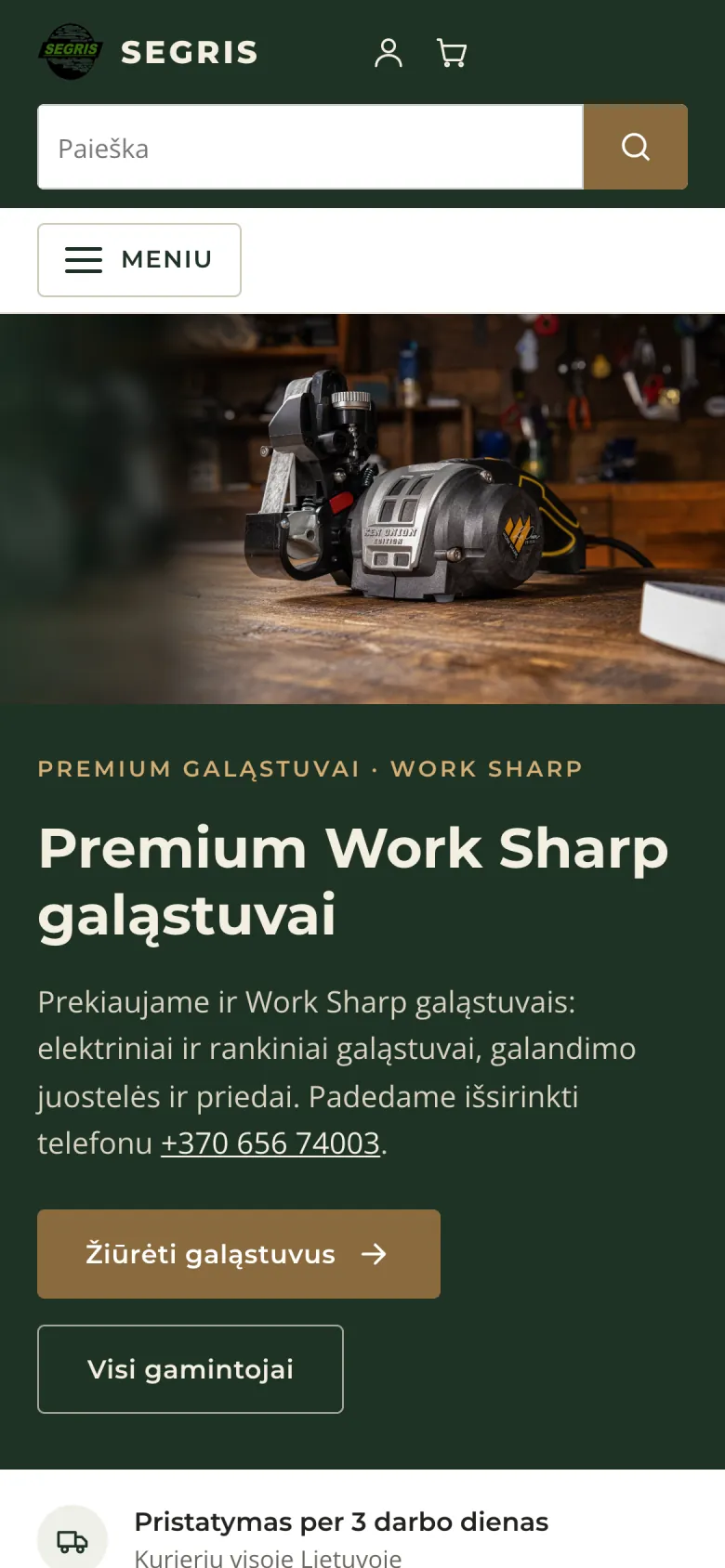 The new e.segris.lt on a phone: a compact green header with search and a menu button, an image and text that fit the phone screen, and large buttons that are easy to tap.