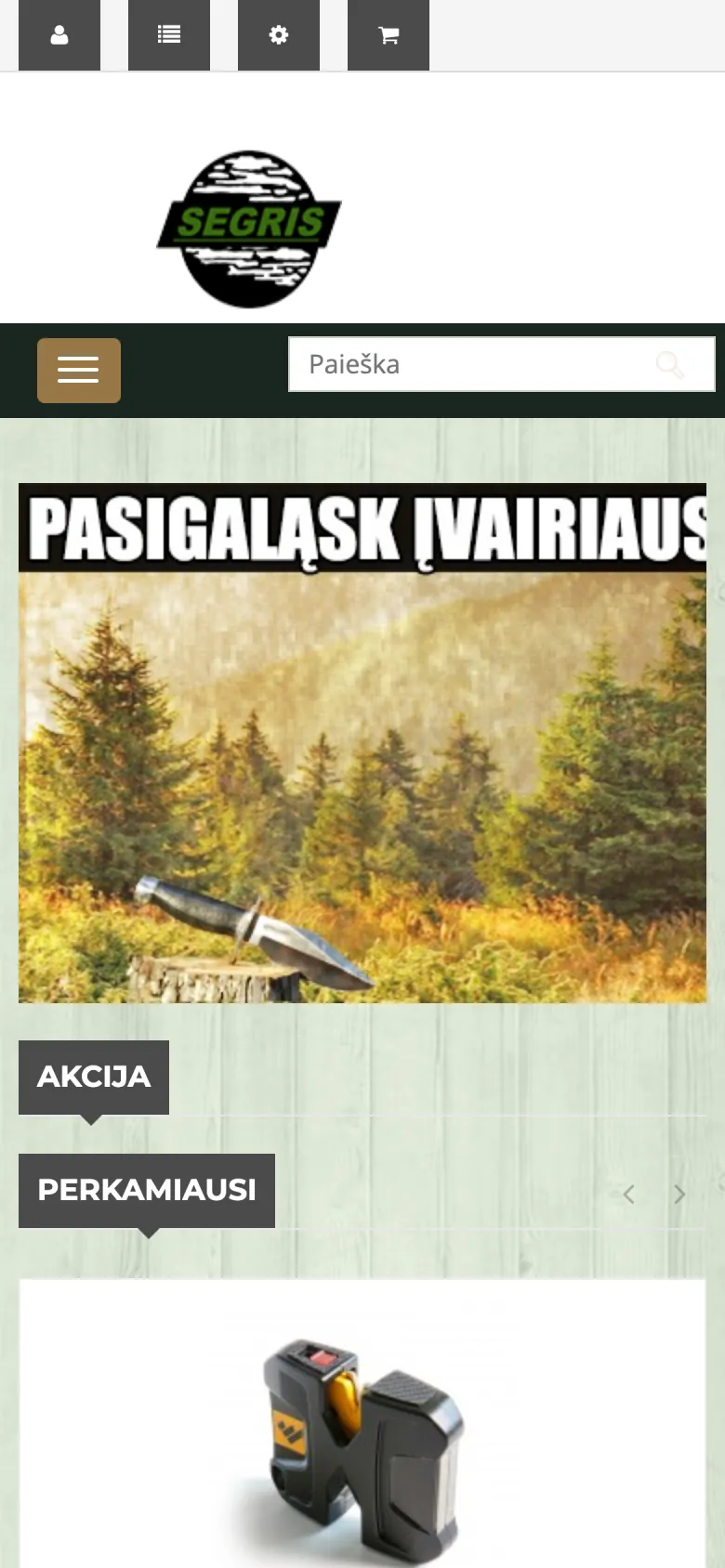 Senoji e.segris.lt versija telefone: didelis logotipas, pilkos piktogramos, siauras paieškos laukas, nukirpta reklamjuostė.
