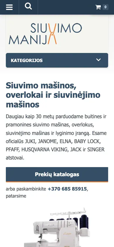 siuvimomanija.lt home page on a phone